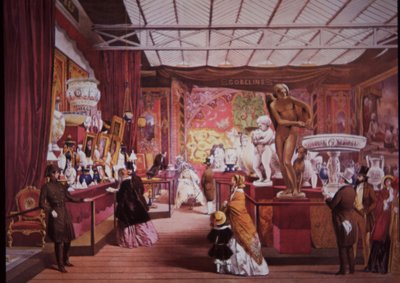 1851 年の大博覧会には、芸術と科学の展示物を見るために来場者が集まります 作： British School