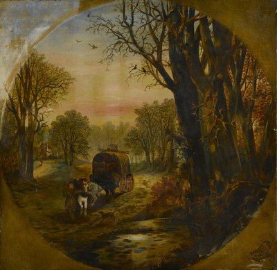 ワゴンのある樹木が茂った風景、19世紀半ば（キャンバスに油彩） 作： British School