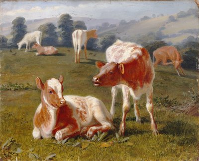 草原の子牛たち（油彩・ミルボード） 作： Briton Riviere