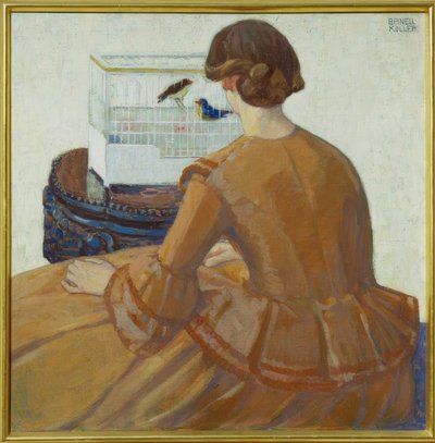 鳥かごの前の若い女性 作： Bronica Koller Pinell