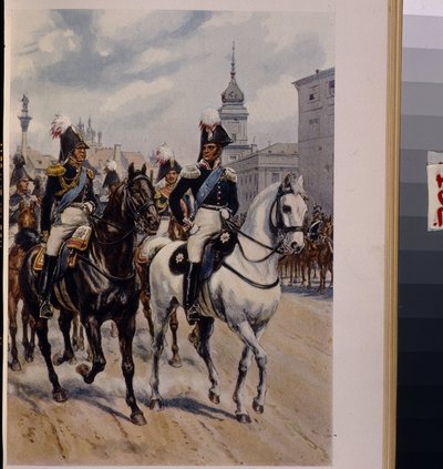 皇帝アレクサンドル 1 世パブロヴィチ (1777-1825) とロシアのコンスタンティン パブロヴィチ大公 (1779-1831)。 (皇帝アレクサンドル 1 世とロシアのコンスタンティヌス パブロヴィチ大公)。 Bronislaw Gembarzewski (1872-1941) の作品、リトグラフ。 ファイン ポリッシュ アート 1 作： Bronislaw Gembarzewski