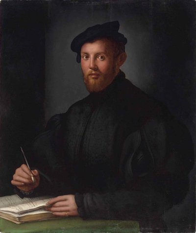 本を持つ黒い服の若い男の肖像 作： Bronzino