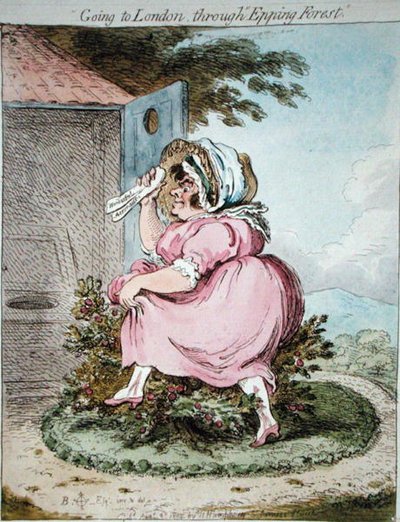 エピング・フォレストを通ってロンドンへ行く」ジェームズ・ギルレイ（1757-1815）がエッチングし、1802年にハンナ・ハンフリー社から出版された（手彩色のエッチング）。 作： Brownlow (after) North