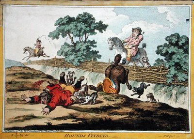 1800年にハンナ・ハンフリー社から出版されたジェームズ・ギルレイ（1756-1815）のエッチングによる「猟犬探し」（手彩色のエッチング）（191237も参照）。 作： Brownlow (after) North