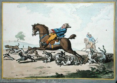 1800年にハンナ・ハンフリー社から出版されたジェームズ・ギルレイ（1757-1815）のエッチング作品「Hounds in Full Cry」（手彩色のエッチング）。 作： Brownlow (after) North
