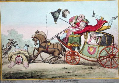 ハンナ・ハンフリーが1801年に出版した「低い車の利点の一つ」（手彩色の銅版画） 作： Brownlow (after) North