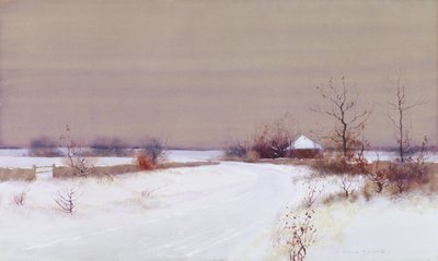 田舎の雪景色、1890年頃（トイレとガッシュ、紙） 作： Bruce Crane