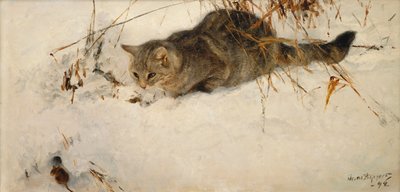 雪の中でネズミをストーカーする猫 作： Bruno Andreas Liljefors