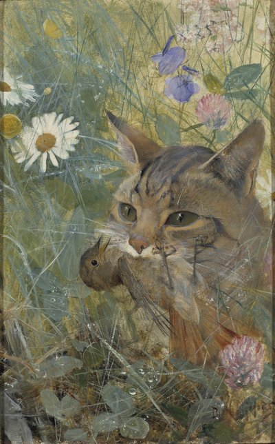 口の中に幼鳥がいる猫、1885 作： Bruno Andreas Liljefors