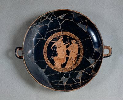 アポロとアルテミスを描いた屋根裏の赤像式カップの内部、紀元前495〜490年（陶器） 作： Brygos Painter