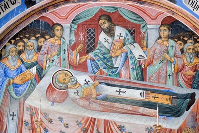 ブルガリア、リラ修道院、聖母降誕教会の葬儀のフレスコ画 作： Bulgarian School