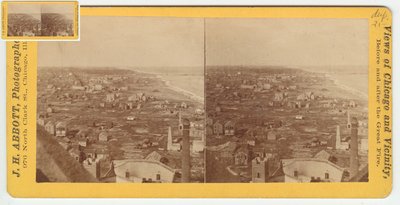 1871年、1871年のシカゴ火災後のウォータータワーから北のビューの立体写真（カードマウントのbw写真） 作： Burke and Koretke Burke and Koretke
