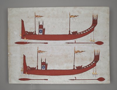 または 14005 Royal Barges and Boats (紙にインク、カラー、ゴールド) 作： Burmese School