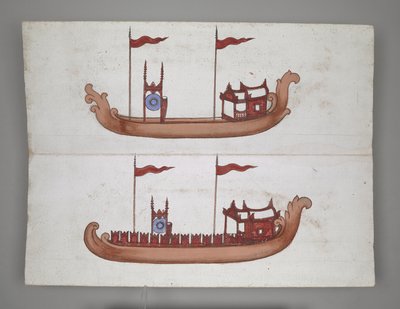 または 14005 Royal Barges and Boats (紙にインク、カラー、ゴールド) 作： Burmese School