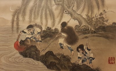 火のついたトーチで釣り。 シリーズ「アイヌ、19世紀後半」より 作： Byozan Hirasawa