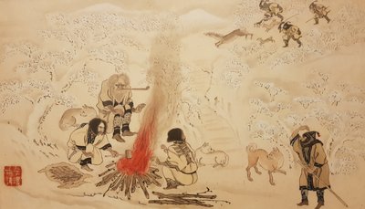 エゾシカ狩り。 シリーズ「アイヌ、19 世紀後半」より.. 作： Byozan Hirasawa