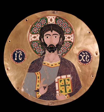 ビザンチン美術。"christ pantocrator」（栄光のキリスト） イエス・キリストのアウレオールには十字架が描かれており、クリストグラムICXCが読み取れます。キリスト・パントクラトル（栄光のキリスト 作： Byzantine