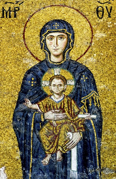 トルコのアヤソフィアのマドンナと子供を描いたコメヌスのモザイク画。 （モザイク） 作： Byzantine