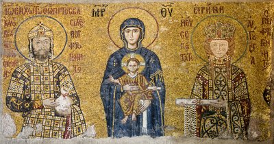 トルコのアヤソフィアのマドンナと子供を描いたコメヌスのモザイク画。 （モザイク） 作： Byzantine