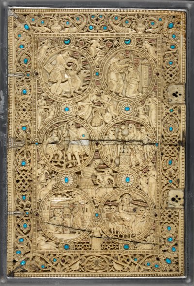 Egerton MS 1139 ダビデの生涯の場面を描いた上表紙、「メリザンドの詩篇女王」、エルサレム、1131～40年頃（アイボリー＆ターコイズ） 作： Byzantine
