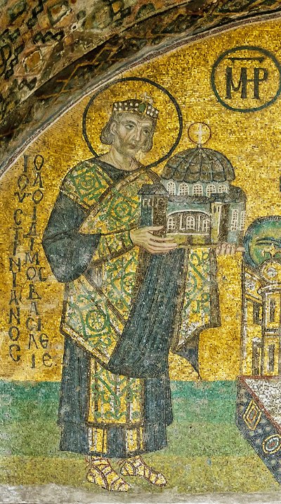 聖母子にハギアソフィア大聖堂を紹介するユスティニアヌス帝 作： Byzantine