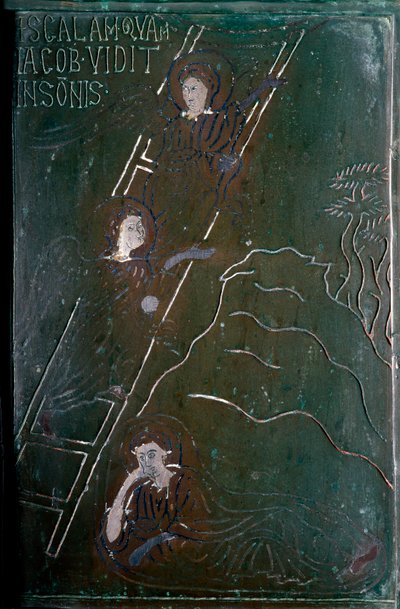1076年にコンスタンティノープルで作られたブロンズ製のドア・タイル・スケールを、ヤコブは夢の中で天使が昇り降りするのを見ています。モンテ・サンタンジェロ（フォッジャ）、サン・ミケーレ・アルカンジェロ門（Porta di San Michele Arcangelo 作： Byzantine