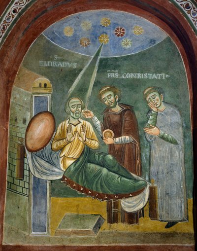 聖体を受け取る聖エルドラド、「聖エルドラドの物語」の詳細、ロマネスク様式のフレスコ画、ビザンチン様式、11世紀後半、イタリア、ピエモンテ州、ノヴァレサ修道院、聖エルドラドと聖ニコラスの礼拝堂。 作： Byzantine