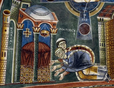 ミラの司教に任命された聖ニコラス 「聖ニコラスの物語」の詳細 ロマネスク様式フレスコ画 ビザンチン様式 11世紀後半 イタリア、ピエモンテ州ノヴァレサ修道院 聖エルドラドと聖ニコラスの礼拝堂 作： Byzantine
