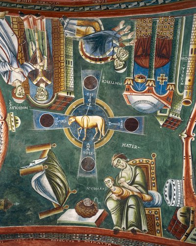 聖ニコラウスの生涯の物語 ビザンチン様式のロマネスクフレスコ画の詳細 11世紀後半 イタリア、ピエモンテ州ノヴァレサ修道院 聖エルドラドと聖ニコラウスの礼拝堂 作： Byzantine