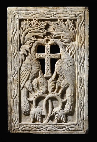 二羽の孔雀が描かれたパネル 501～700年（アラバスタ 作： Byzantine Byzantine