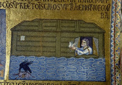 ノアの物語：ノアがワタリガラスと最初の鳩を送るサンマルコ寺院の内部モザイクの詳細、11世紀 作： Byzantine Byzantine