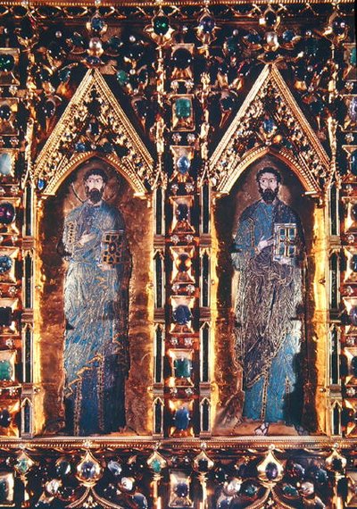 パラドーロ、2人の使徒を描いた詳細（貴石をはめ込んだゴールドとエナメル） 作： Byzantine Byzantine