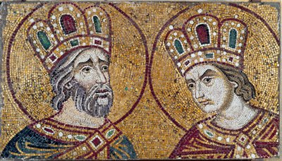ローマ皇帝コンスタンティヌス1世とその母である聖ヘレネ（モザイク細部 作： Byzantine Byzantine