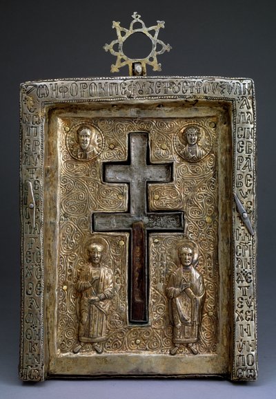 12世紀のビザンチン様式の金色の銀staurothek Cross聖遺物箱 作： Byzantine Byzantine