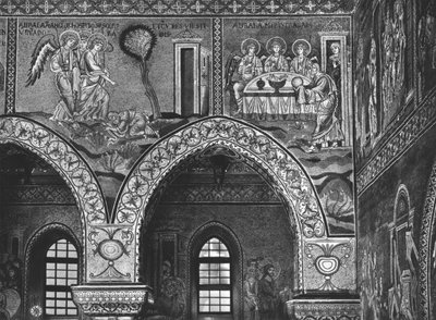 アブラハムへの三人の天使の出現とアブラハムのおもてなし、c.1182（モザイク） 作： Byzantine School