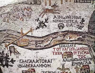 ビザンチン美術：最古のパレスチナの地図。ヨルダン川と死海の河口が描かれている。6世紀のモザイク。マダバ、聖ゲオルギウス教会 作： Byzantine School