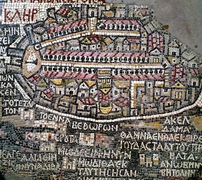 ビザンチン美術：最古のパレスチナ地図。エルサレムの詳細。6世紀のモザイク画。マダバ、聖ジョージ教会 作： Byzantine School