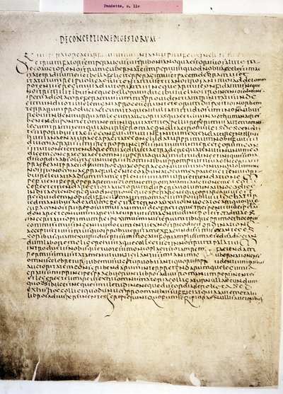 CORPUS JURIS CIVILIS：イウスティニアヌス写本、ダイジェスト、6世紀の1ページ（写本） 作： Byzantine School