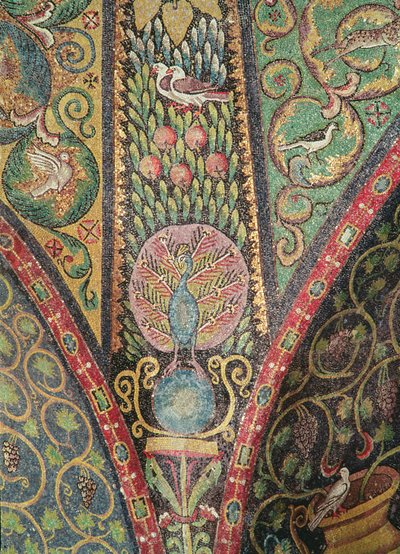 鳥と孔雀（モザイク）を描いた金庫室の詳細 作： Byzantine School
