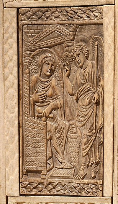 マクシミアン司教の椅子の「受胎告知」の詳細（木と象牙の象嵌細工 作： Byzantine School