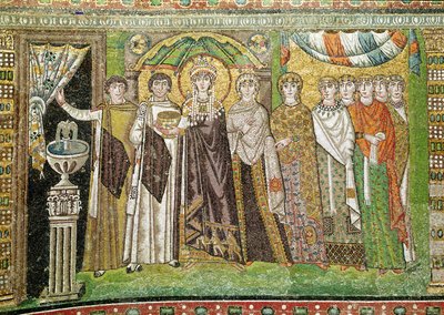 テオドラ皇后両陛下、2人の大臣と7人の女性の法廷、紀元547年頃（モザイク） 作： Byzantine School