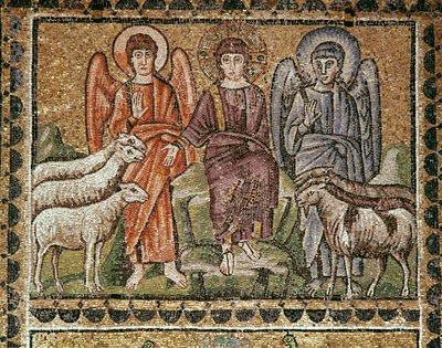 イエスは羊と山羊を分けた（モザイク画の詳細、6世紀 作： Byzantine School