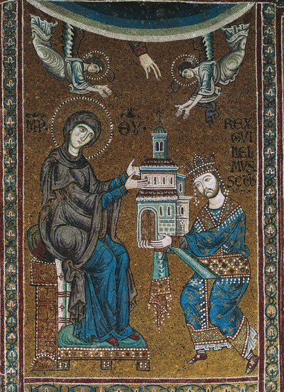 シチリア王ウィリアム2世がモンレアーレの教会を聖母に捧げる（モザイク画 作： Byzantine School