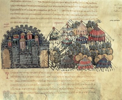 MMS Vitr. 26-7 メッシーナを包囲するビザンチン、マドリッド スカイリッツ (ベラム) 作： Byzantine School