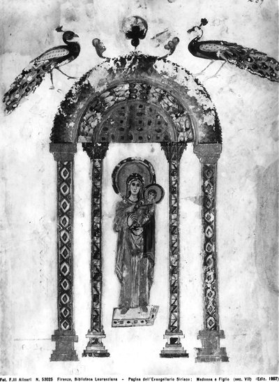 マドンナとチャイルド、ラブラ福音書のフォリオ、西暦586年（ベラムのテンペラ） 作： Byzantine School