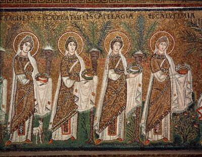 処女の行列（モザイク画の詳細、6世紀） 作： Byzantine School