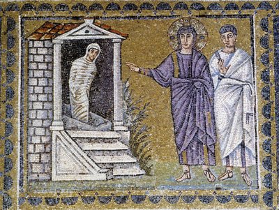 ラザロの復活、ラヴェンナ、聖アポリナール教会の壁画モザイク、6世紀。 作： Byzantine School