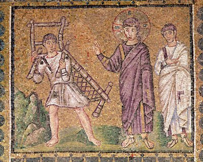カペナウムの麻痺者の治癒、キリストの生涯の場面（モザイク） 作： Byzantine School