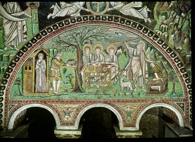 アブラハムのおもてなしとイサクの犠牲、6世紀（モザイク） 作： Byzantine School