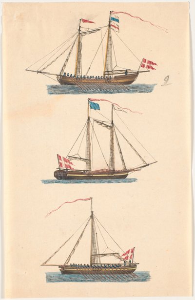 デンマーク国旗を掲げた 3 隻の海軍艦艇。 オール動力 作： C.A. Lorentzen